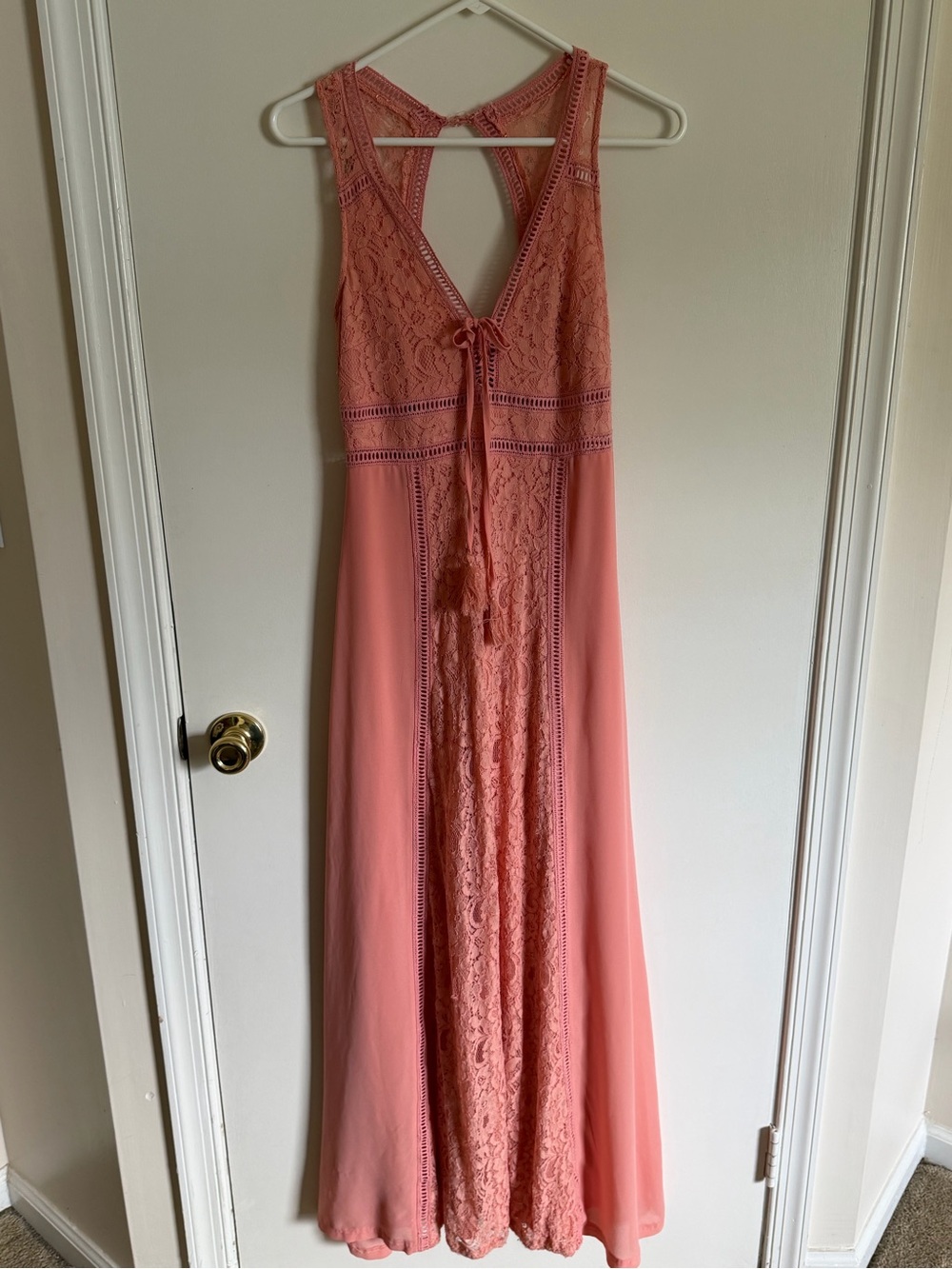 Altar'd State Edina Coral Lace-Panel Maxi Dress